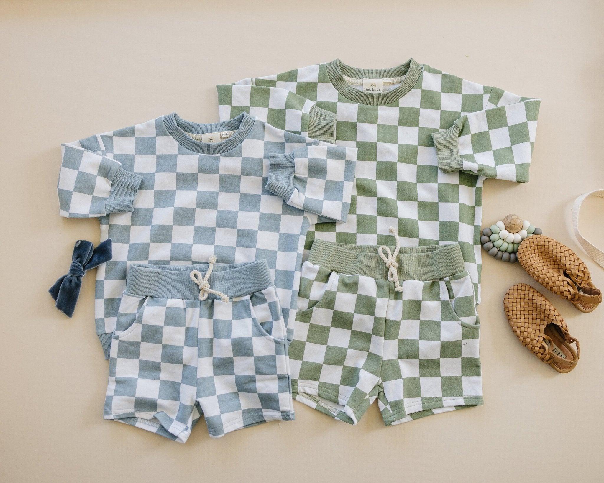 Organic Cotton Checkered Crewneck & Shorts Set - 95% Cotton