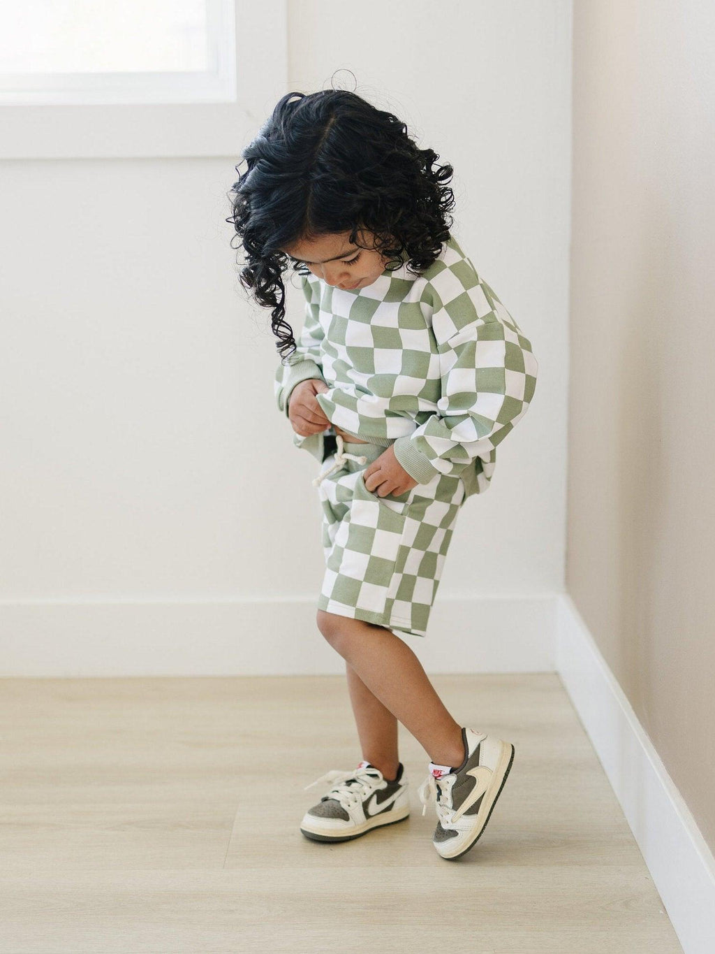 Organic Cotton Checkered Crewneck & Shorts Set - 95% Cotton