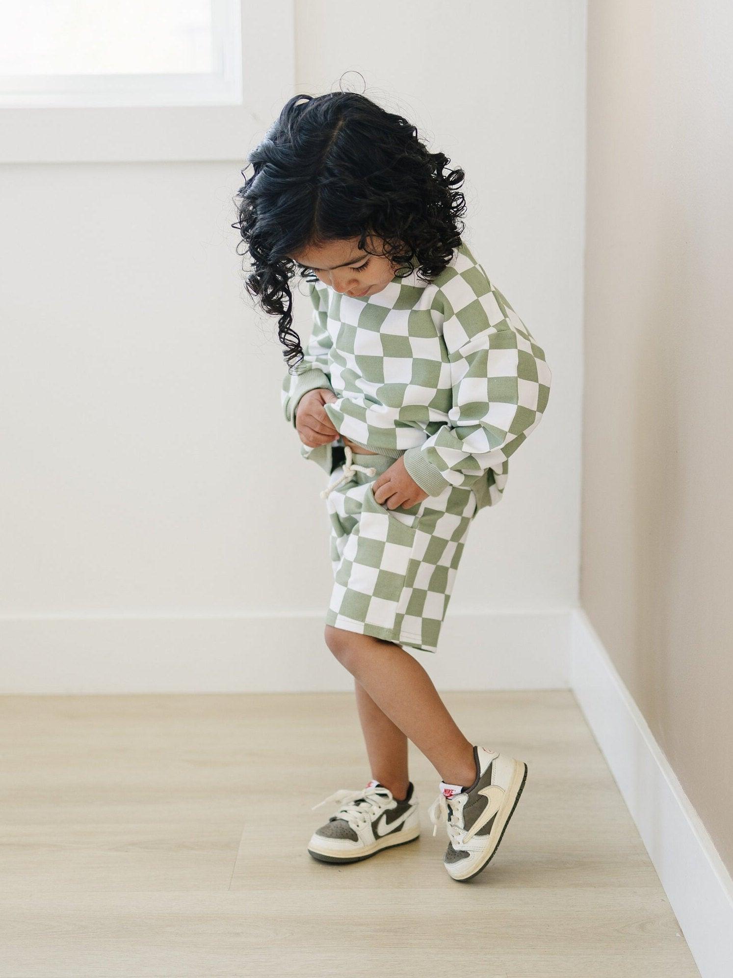 Organic Cotton Checkered Crewneck & Shorts Set - 95% Cotton