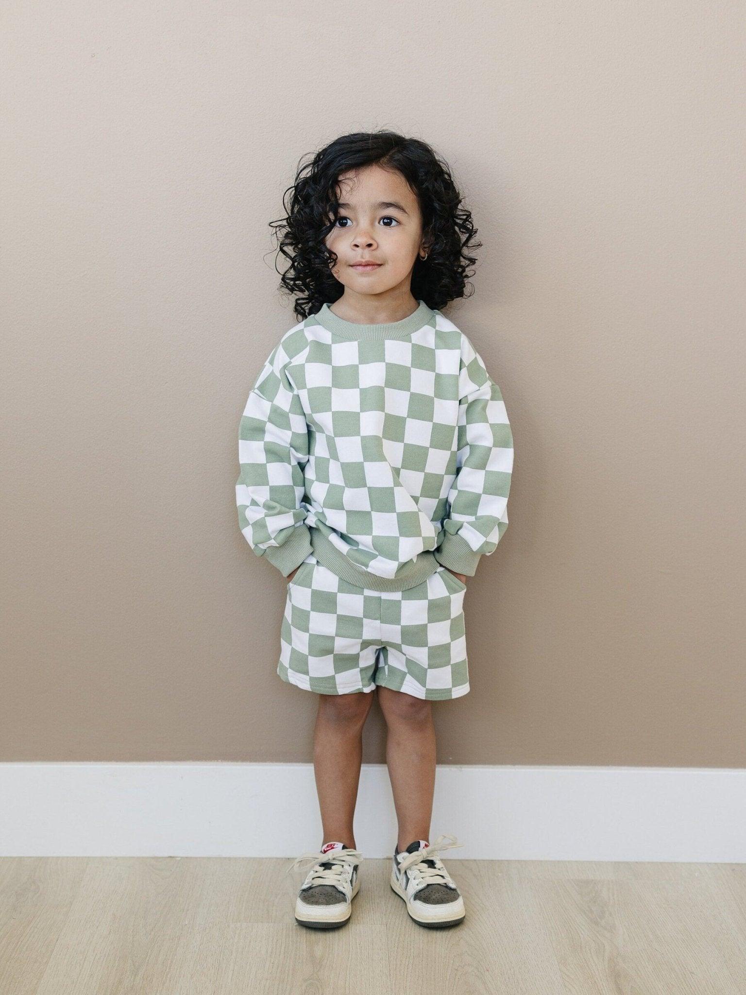 Organic Cotton Checkered Crewneck & Shorts Set - 95% Cotton