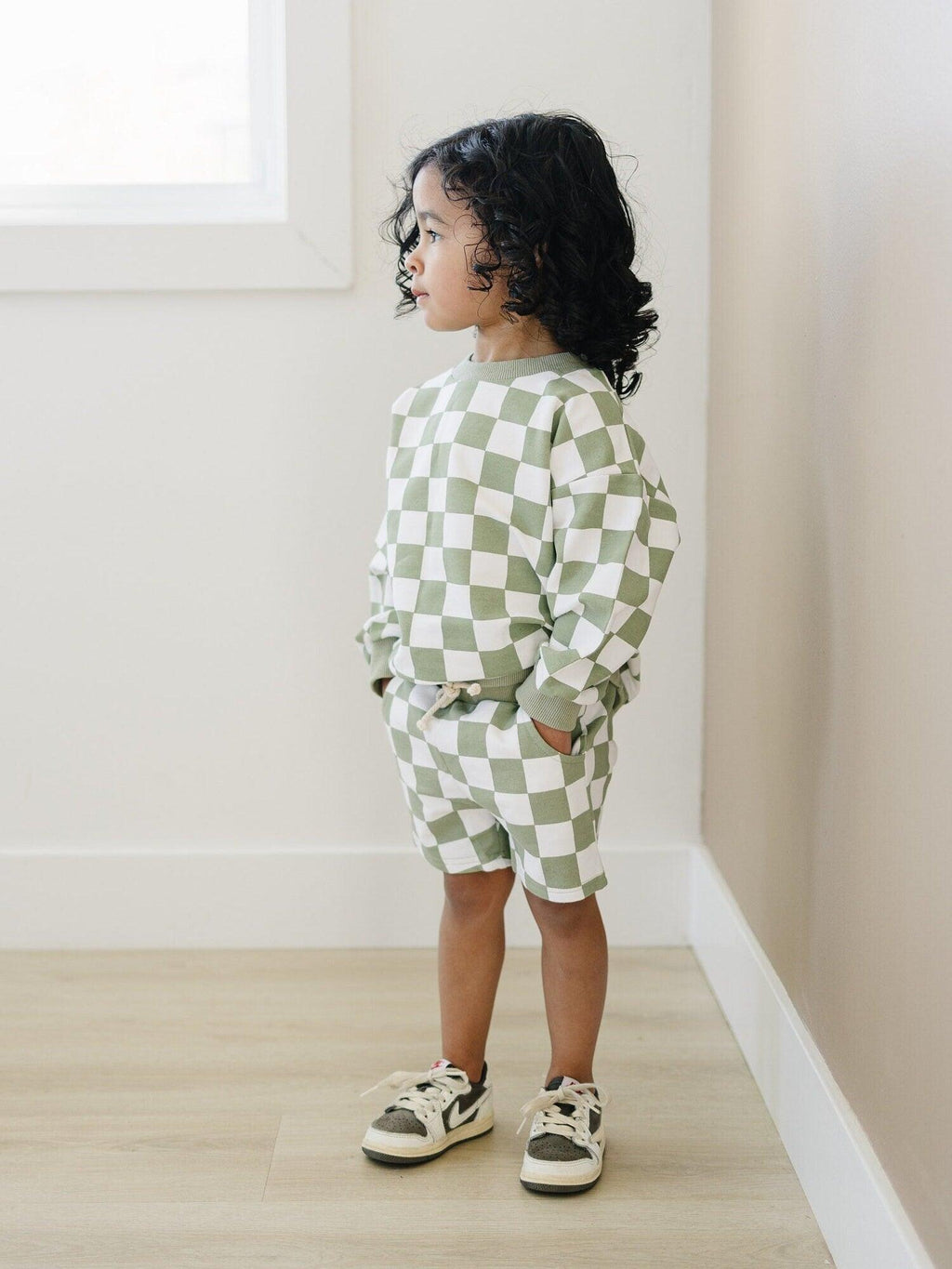 Organic Cotton Checkered Crewneck & Shorts Set - 95% Cotton