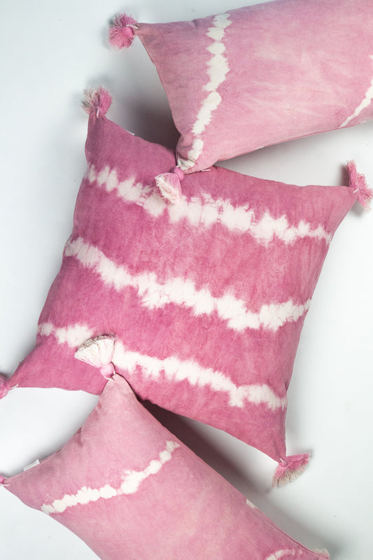 Pink Natural Dyed Shibori Tassel Square Pillow
