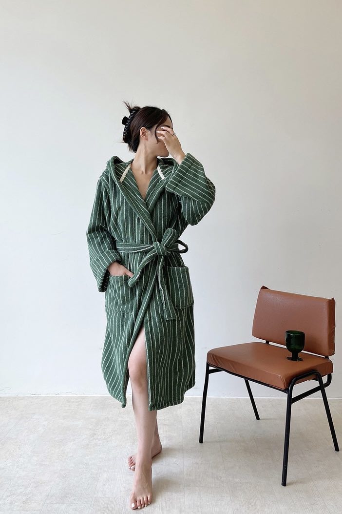 Retro Hooded Stripe Bathrobe, 100% ORGANIC Long-stapled Cotton