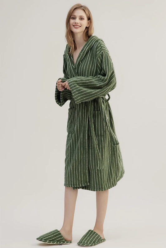Retro Hooded Stripe Bathrobe, 100% ORGANIC Long-stapled Cotton - The Peony Haus