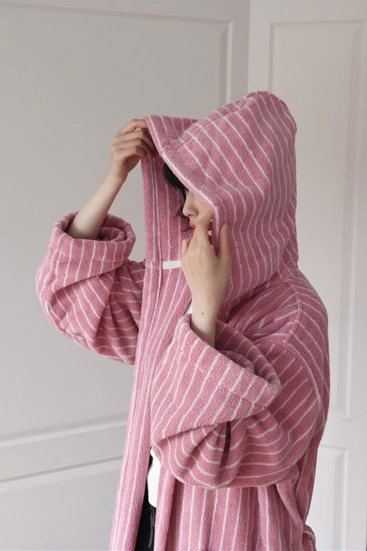 Retro Hooded Stripe Bathrobe, 100% ORGANIC Long-stapled Cotton - The Peony Haus