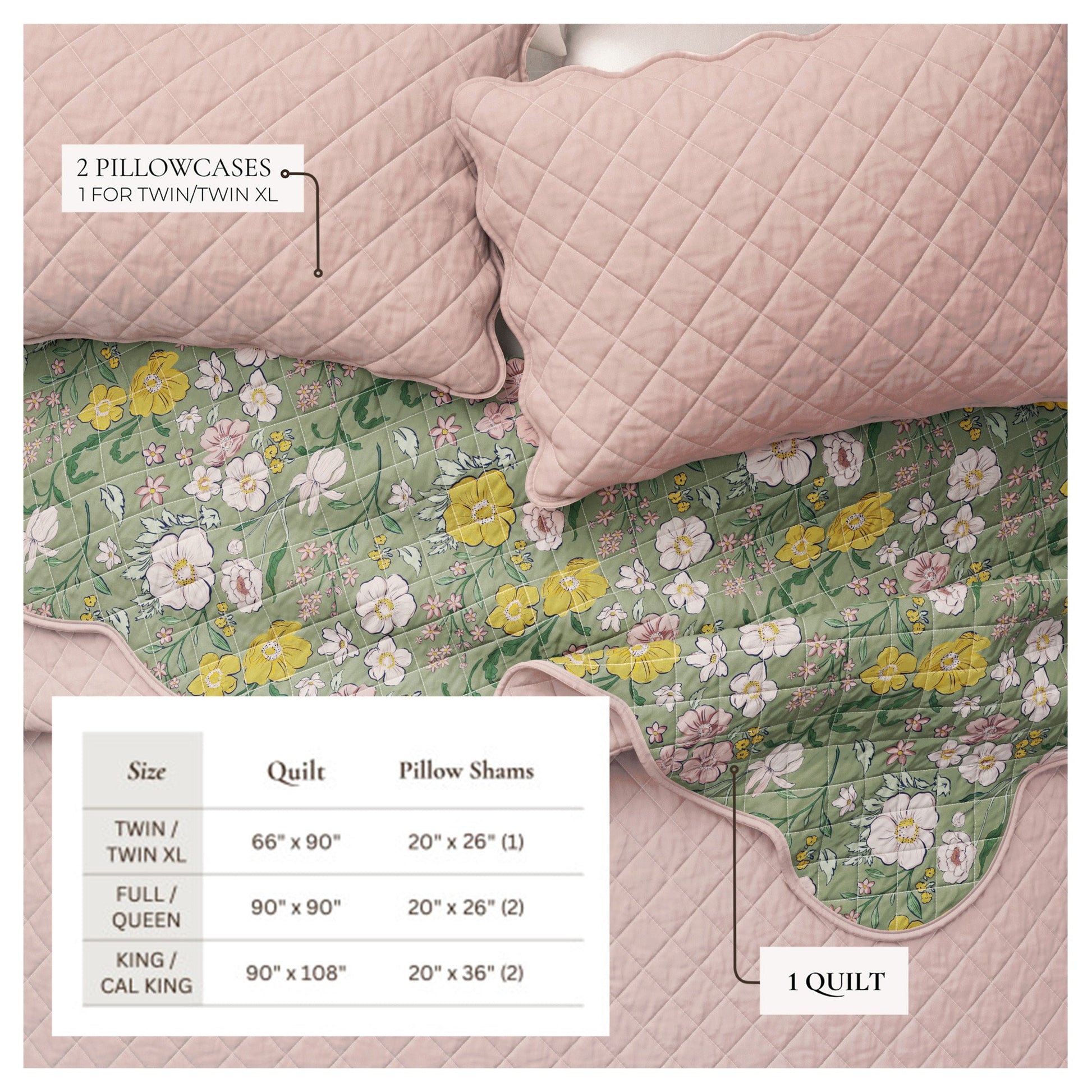 Floral quilt with matching pillowcases on a bed, including size chart.