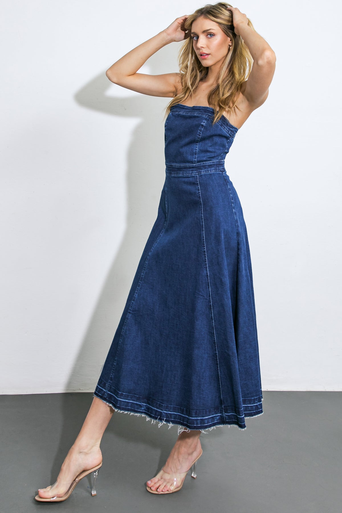 HERE GOES NOTHING DENIM MIDI DRESS - 98% Cotton