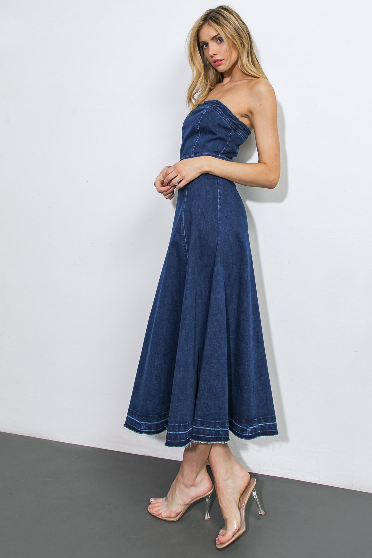 HERE GOES NOTHING DENIM MIDI DRESS - 98% Cotton