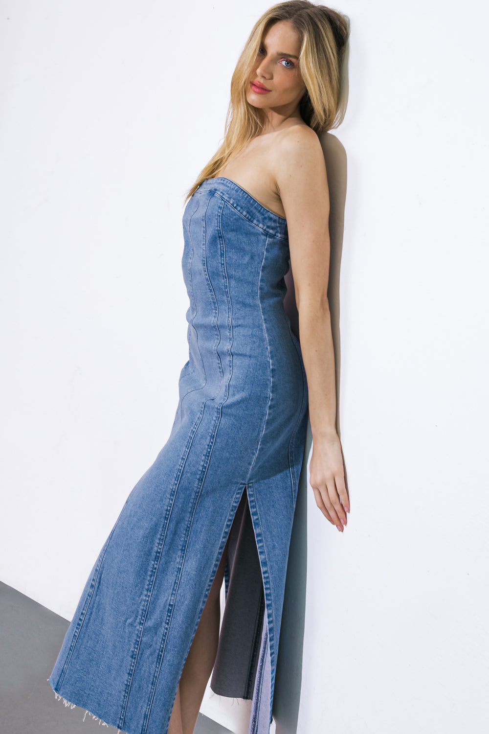 YOU'RE THRIVING DENIM MIDI DRESS - 98% Cotton