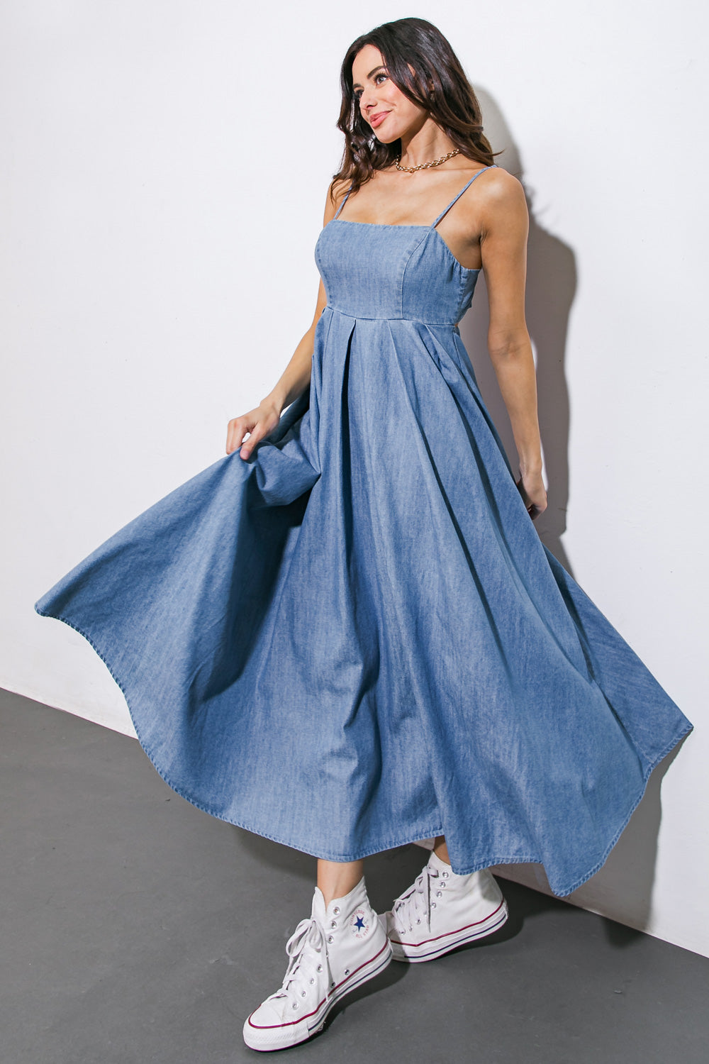 CAPTIVATING HEART DENIM MIDI DRESS - 90% Cotton