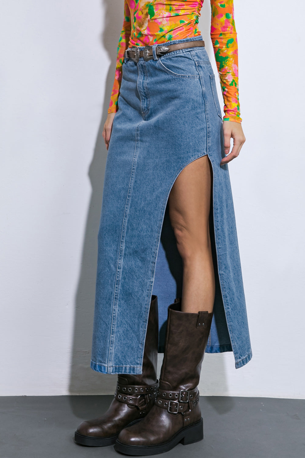 KEEP SHINING DENIM MIDI SKIRT - 92% Cotton