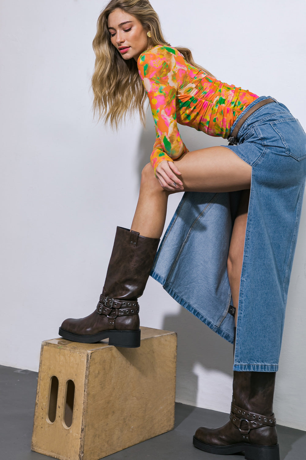 KEEP SHINING DENIM MIDI SKIRT - 92% Cotton