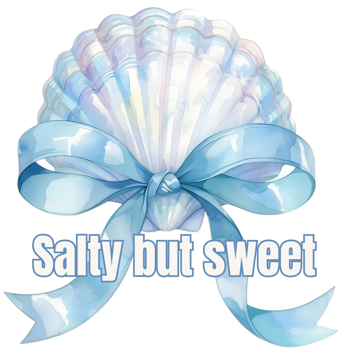 Seashell with a blue ribbon and 'Salty but sweet' text on a white background