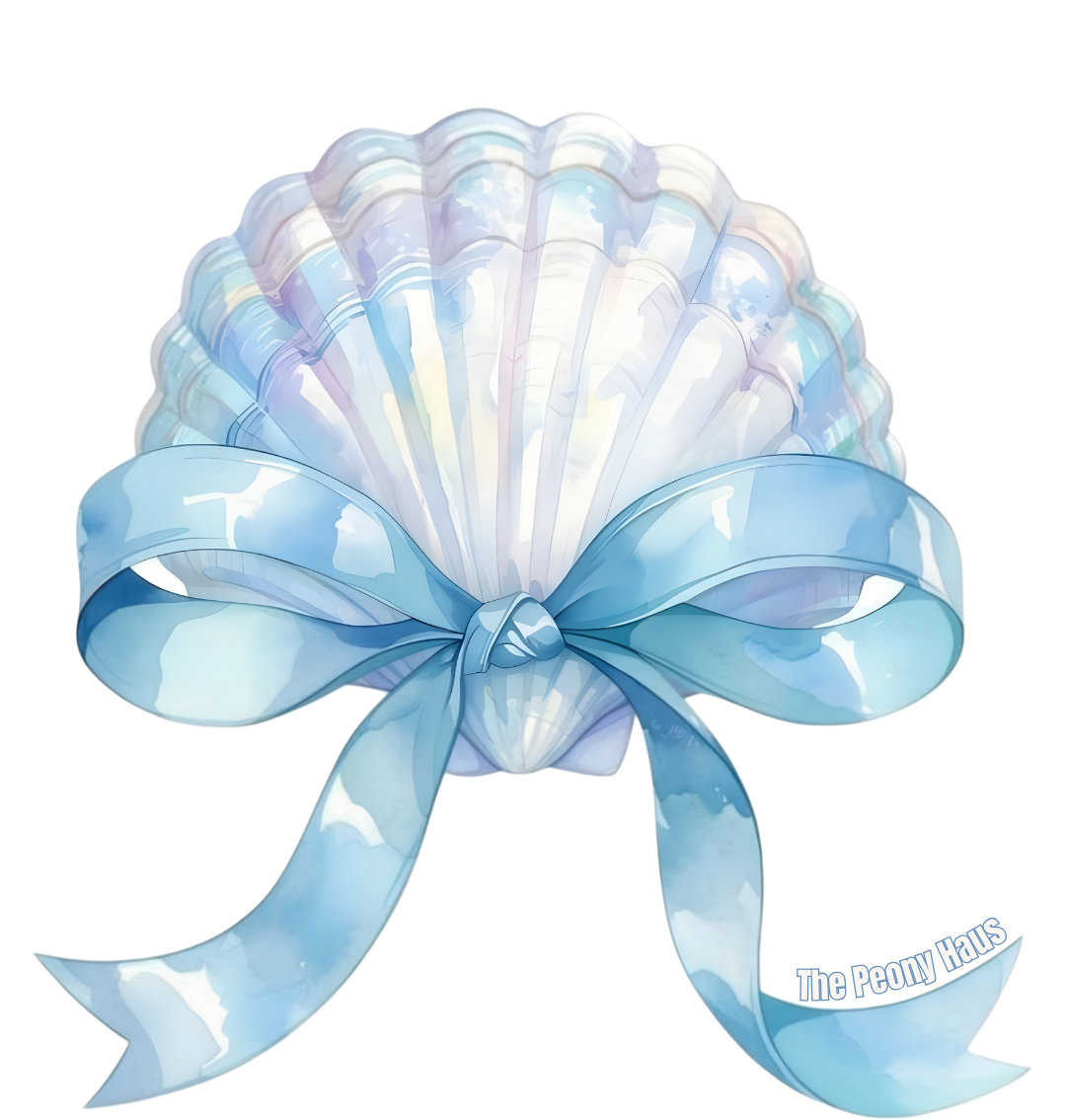 Iridescent shell with a blue ribbon on a white background