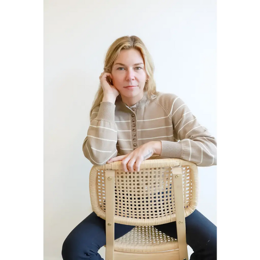 Ellen Henley Sweater in Beige with White Stripes