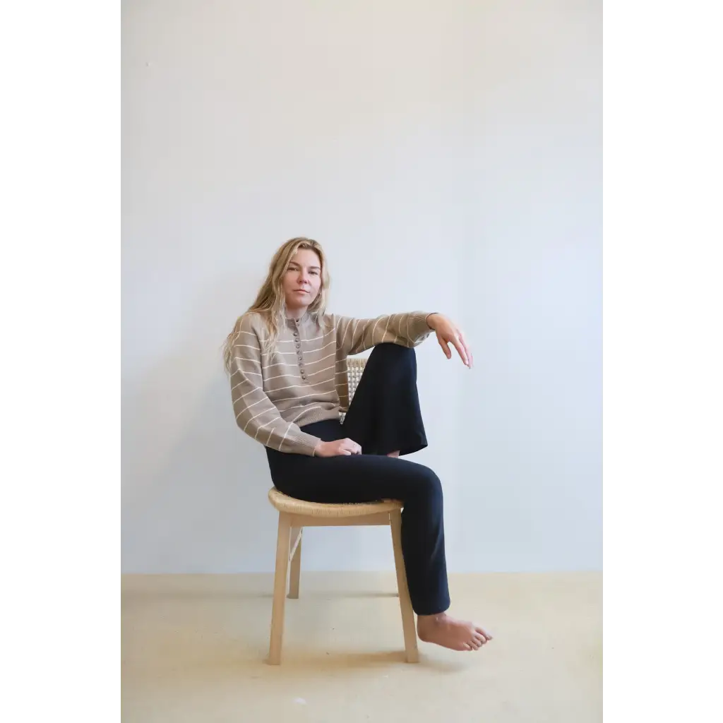 Ellen Henley Sweater in Beige with White Stripes