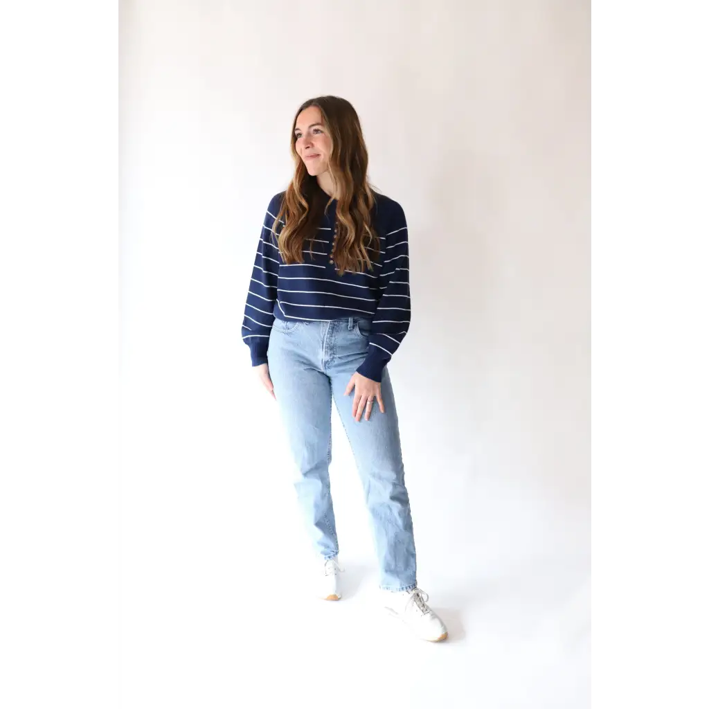 Ellen Henley Sweater in Navy with White Stripes