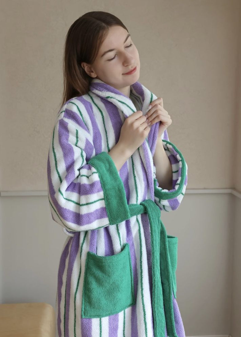 Ultra Soft Whimsical Retro Stripe Bathrobe - 100% Organic Long-stapled