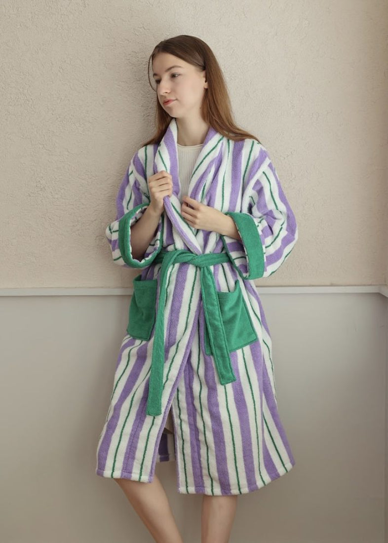 Ultra Soft Whimsical Retro Stripe Bathrobe - 100% Organic Long-stapled