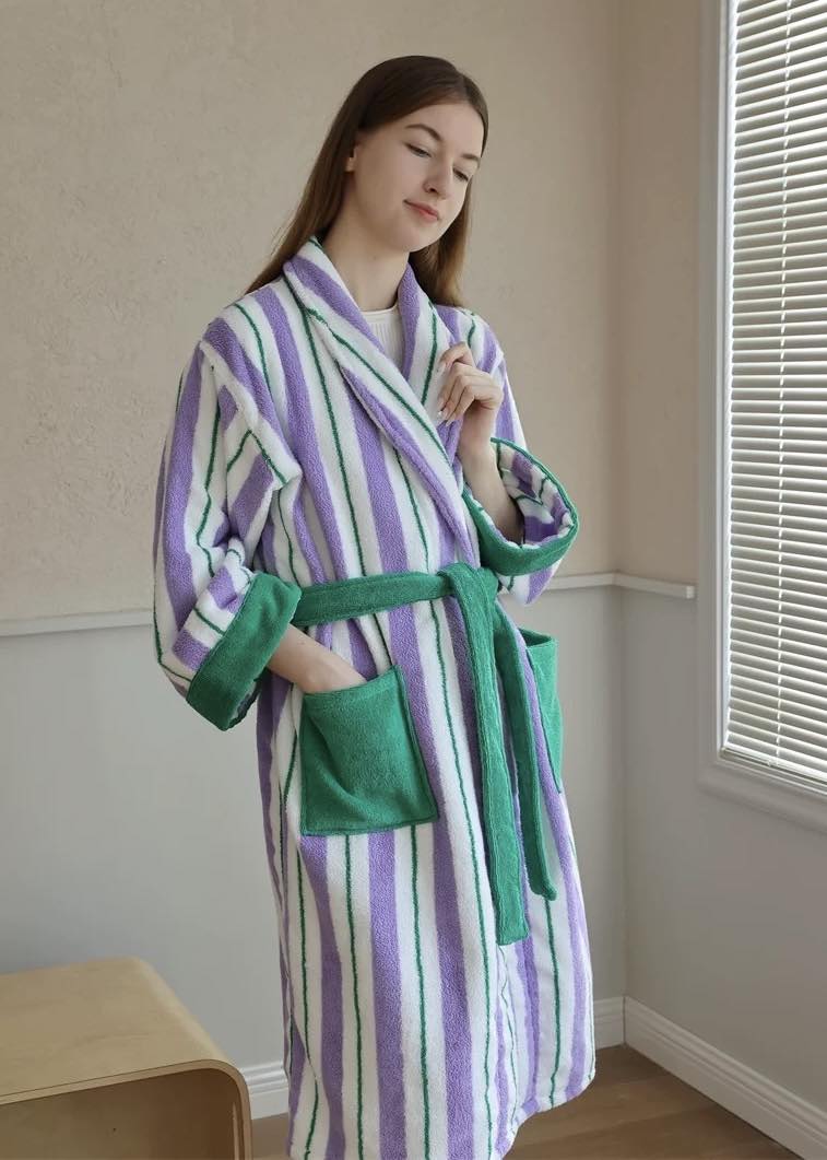 Ultra Soft Whimsical Retro Stripe Bathrobe - 100% Organic Long-stapled