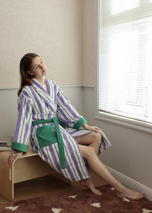 Ultra Soft Whimsical Retro Stripe Bathrobe - 100% Organic Long-stapled - The Peony Haus