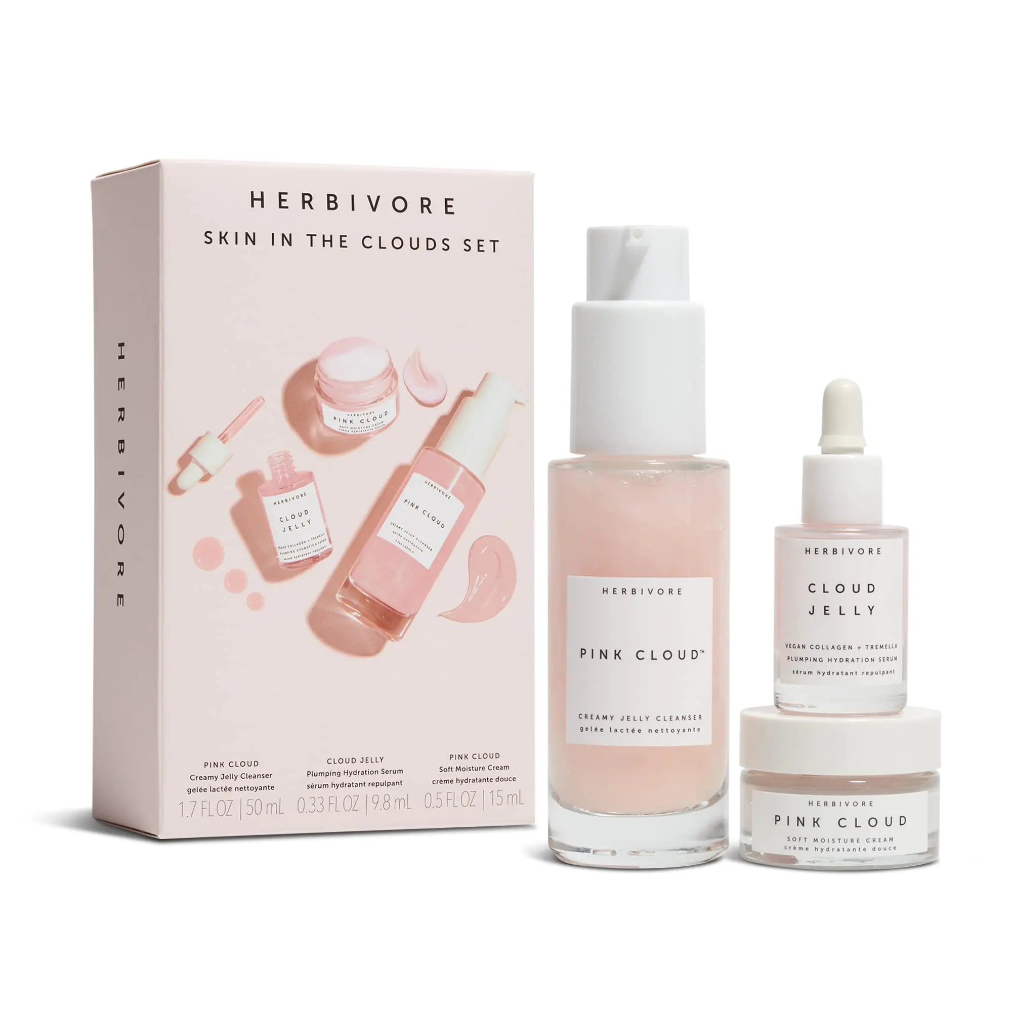 HERBIVORE Skin In The Clouds 3-step Plumping Hydration Set – Pink Cloud Creamy Jelly Cleanse (50mL / 1.7 oz) Cloud Jelly Serum (10mL / 0.33 oz) Pink Cloud Soft Moisture Cream (15mL / 0.5 oz) - The Peony Haus